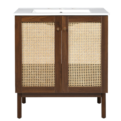30-Inch Bathroom Vanity with Handwoven Bamboo Doors, Dark Walnut MDF Cabinet, Soft-Close Design, Natural Bamboo Legs, 29.9'W x 18.3'D x 34.06'H SolidRoot Buy Furniture USA