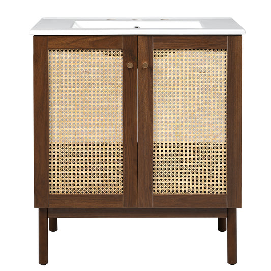 30-Inch Bathroom Vanity with Handwoven Bamboo Doors, Dark Walnut MDF Cabinet, Soft-Close Design, Natural Bamboo Legs, 29.9'W x 18.3'D x 34.06'H SolidRoot Buy Furniture USA
