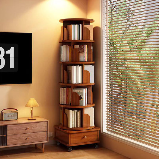 (UPGRADED) Rotating Bookshelf, 360 Display Corner Bookshelf for Small Space, 6 Tier Bookcase Storage Rack with Wheels, Wood Narrow Organizer for Bedroom, Living Room, Study Room, Walnut Brown, Shelves SolidRoot Buy Furniture USA