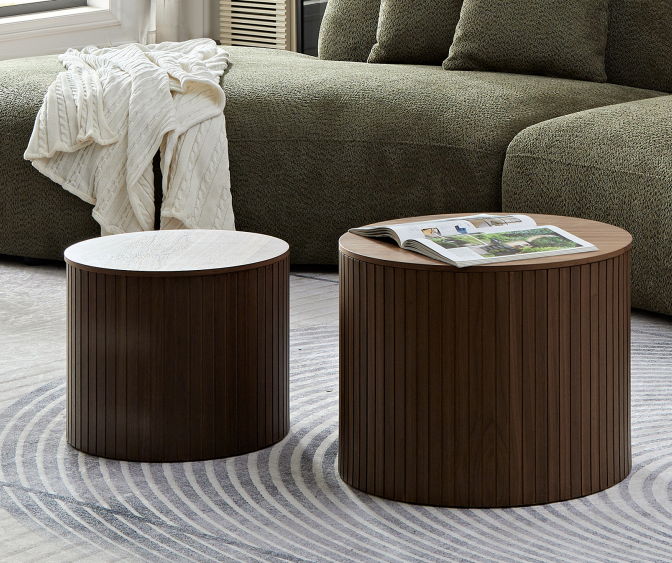 MDF nested table set 2 pieces, handcrafted round coffee table in living/lounge area, walnut color