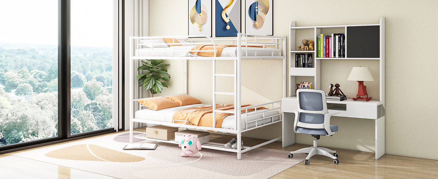 Full Over Full Metal Bunk Bed with Shelf and Guardrails, White