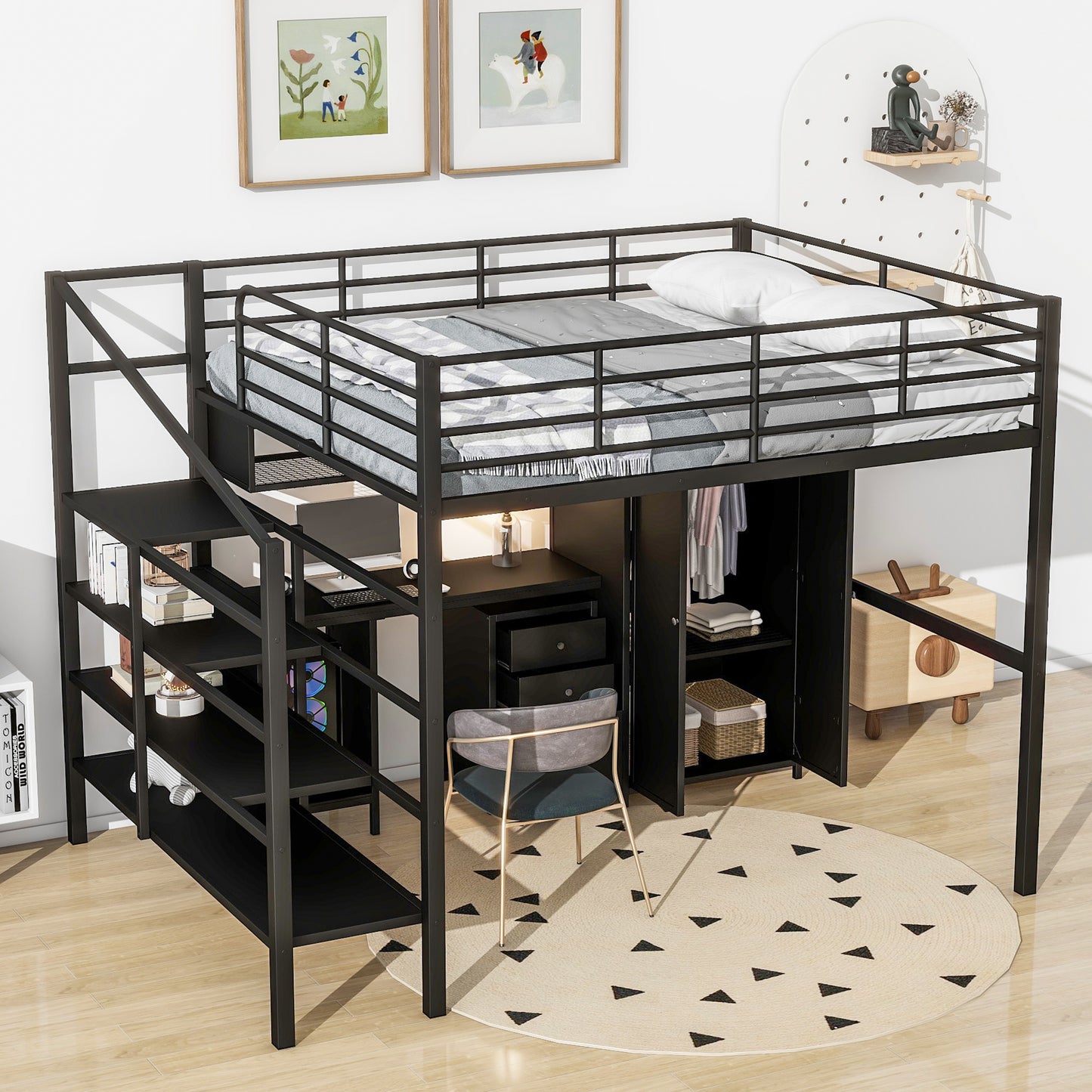 Metal Loft Bed With table set and wardrobe, Full, Black