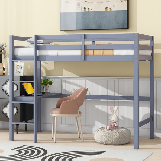 Twin High Loft Bed, Rubber Wood  Loft Bed with Safety Guardrail, built-in desk, ladder,Grey SolidRoot Buy Furniture USA