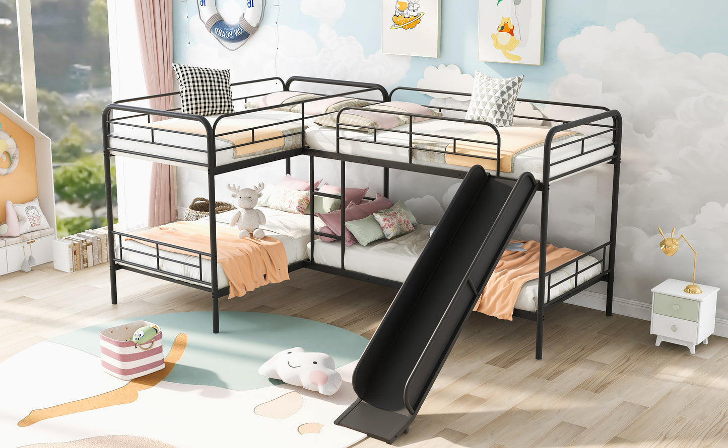 Twin Size L-Shaped Bunk Bed with Slide and Ladder, Black(OLD SKU:GX000615AAB)