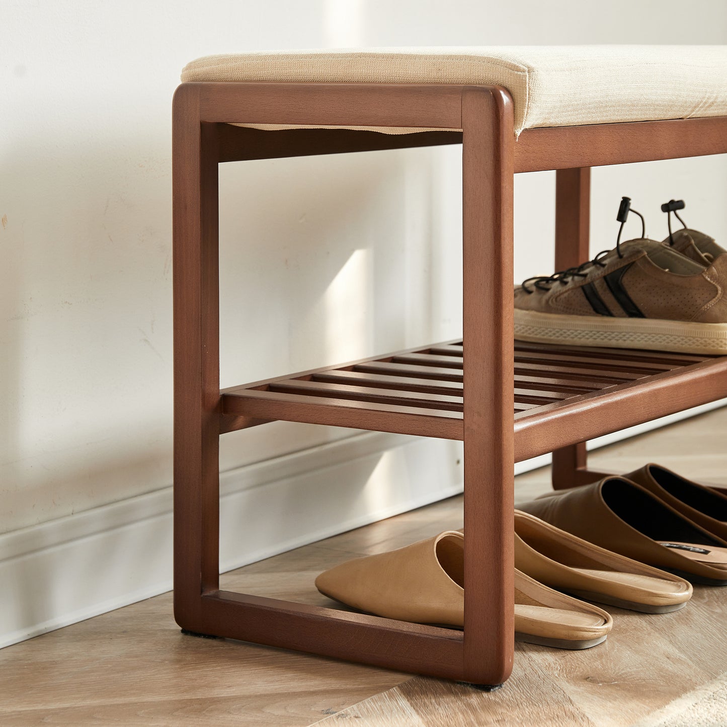 (Walnut Color) Solid Wood Shoe Bench, Beech Wood Storage Rack Organizer with High Rebound Sponge Cushion