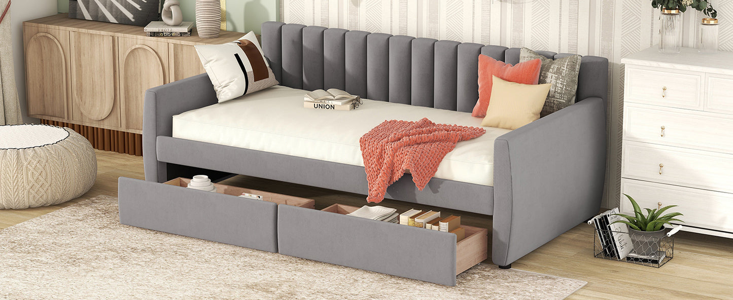 Twin Size Upholstered daybed with Drawers, Wood Slat Support, Gray