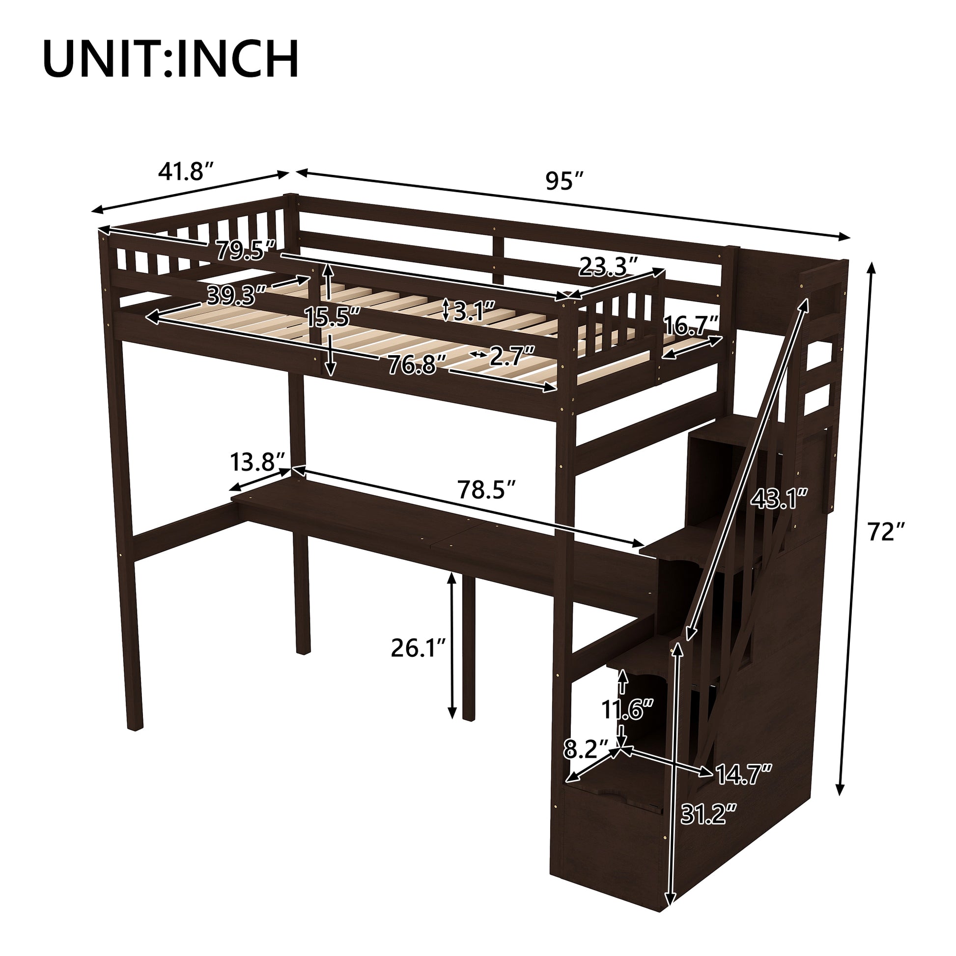 Twin Size Loft Bed with Storage Staircase and Built-in Desk, Espresso (Old SKU:GX000903AAP) - SolidRoot Buy Furniture USA