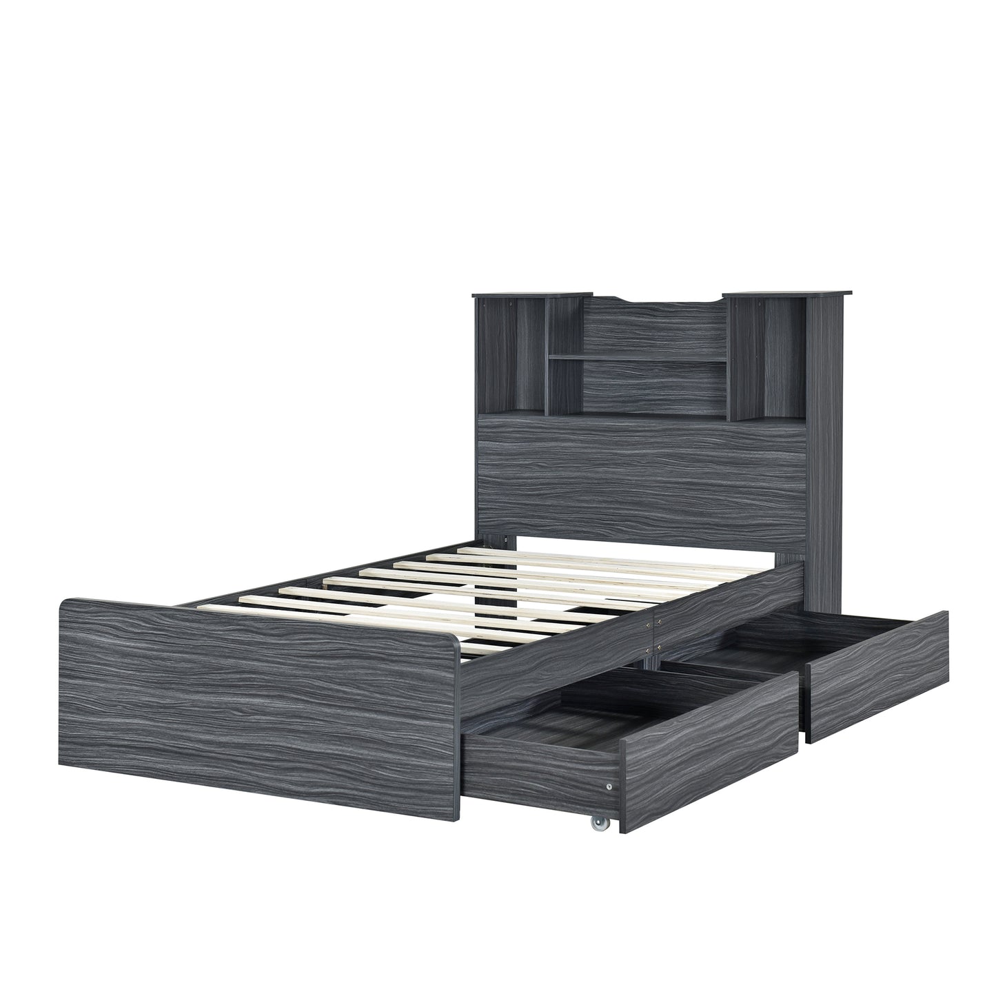 Twin Size Storage Platform Bed Frame with 4 Open Storage Shelves and 2 Storage Drawers,LED Light,Gray