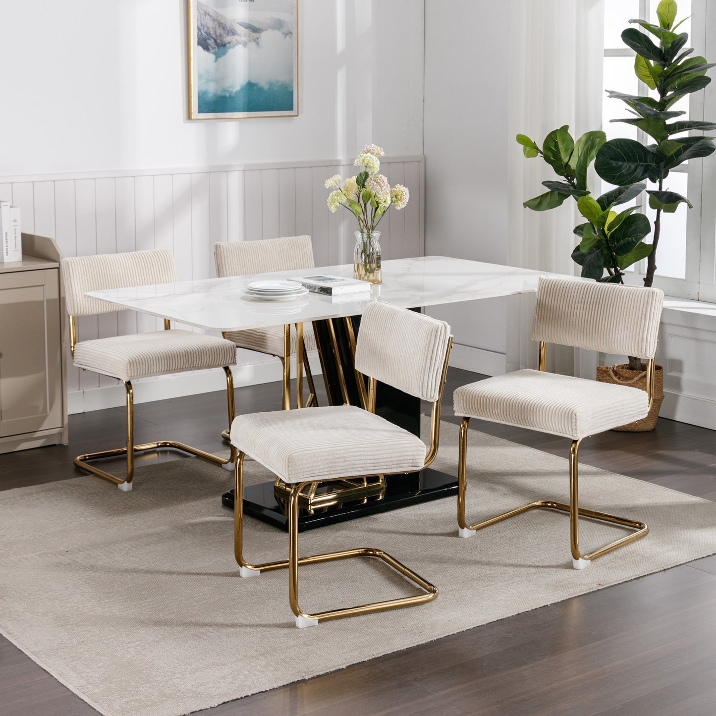 A&A Furniture,Modern Dining Chairs with Corduroy Fabric,Gold Metal Base, Accent Armless Kitchen Chairs with Channel Tufting,  Side Chairs, Set of 2, Beige