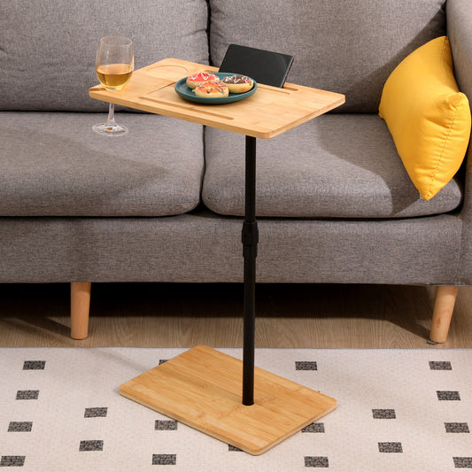 Bamboo Couch Tray Table Height Adjustable C-Shaped End Table with Slots 2 Tier Sofa Side Table for Living Room & Bedroom (Rectangle + Rectangle) Livingsource