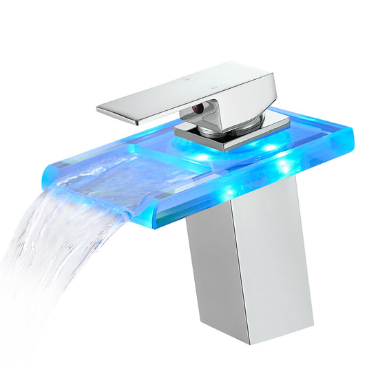 Bathroom Sink Faucet LED Light 3 Colors Changing Waterfall Glass Spout Hot Cold Water Mixer Single Handle One Hole Deck Mounted Bathroom Faucet Black Lavatory Vanity Basin Bath Plumbing Fixtures