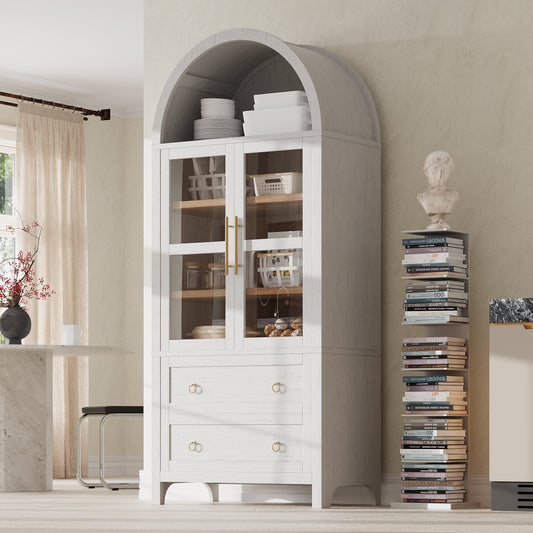 K&K 71' Tall Arched Kitchen Pantry Cabinet with 2 Large Drawers, Modern Farmhouse Kitchen Storage Cabinets with Adjustable Shelves, Glass Door, Wood Versatile Cupboard for Kitchens, Dining Room, White SolidRoot Buy Furniture USA