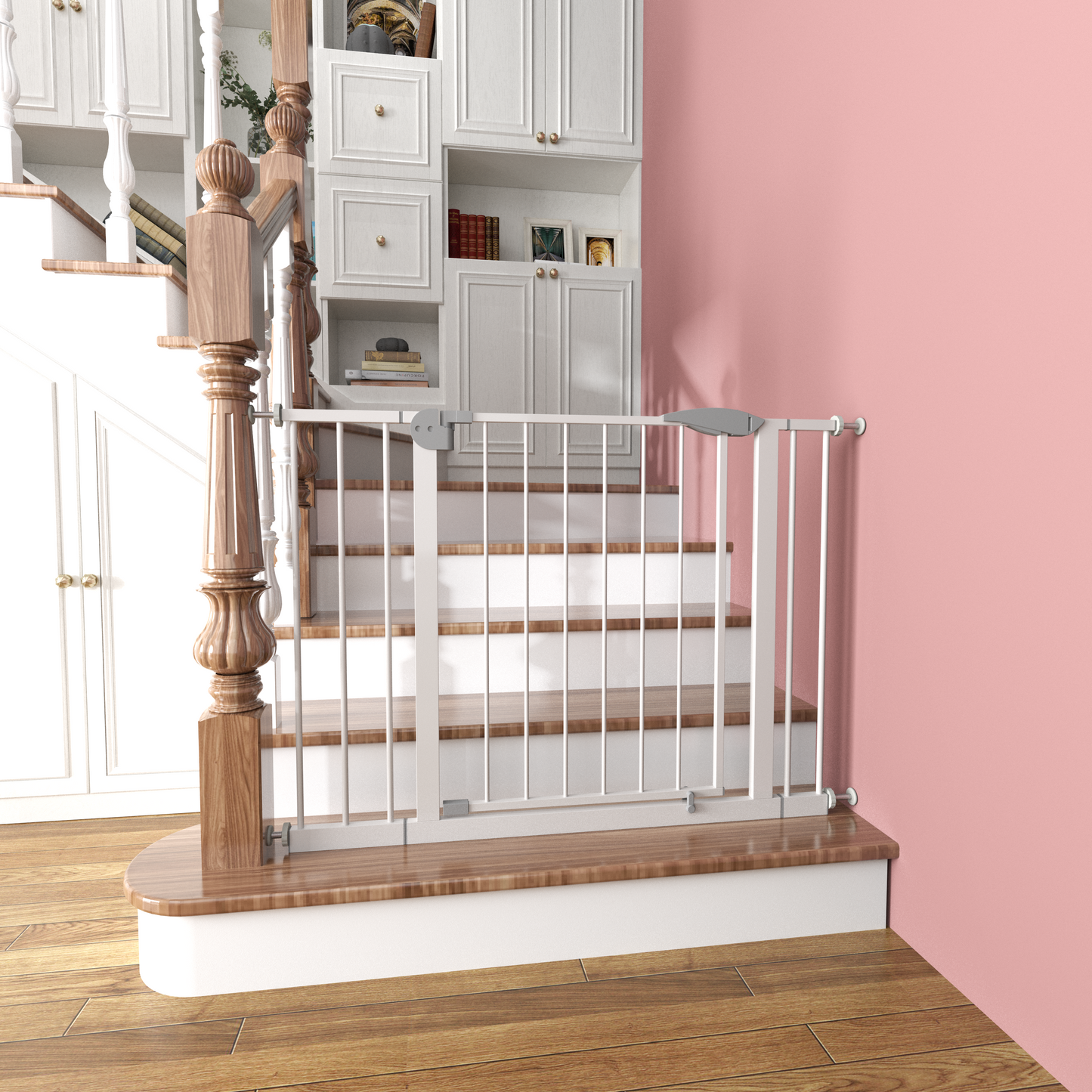 29.5-45.3" Wide Baby Gate for Stairs, Dog Gate Indoor for Doorways, No Drilling Pressure Mounted Pet Gates for Kids, Easy Walk Through Safety Gate, White