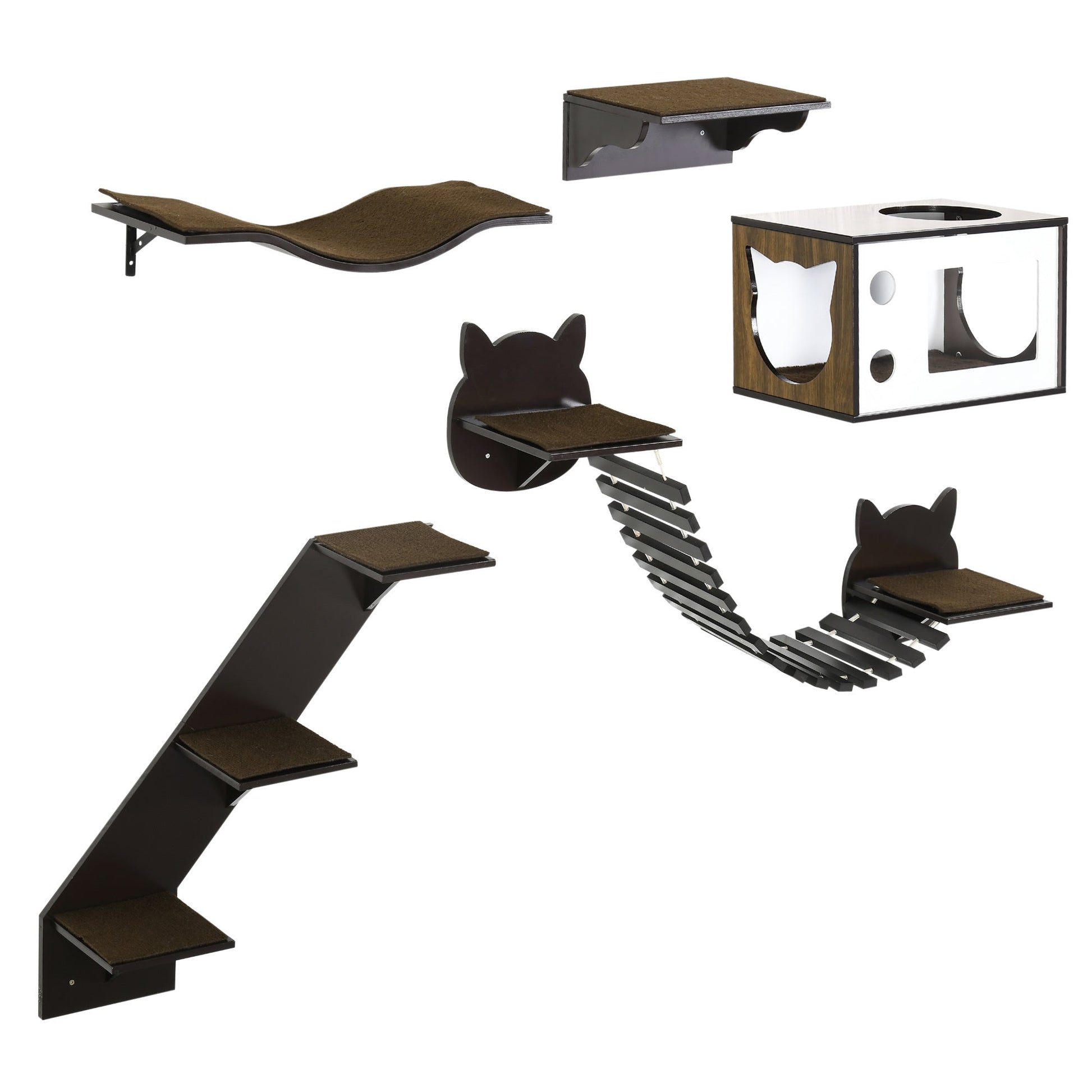 PawHut Cat Shelves with Ergonomically Curved Platform, Cozy Cat House, Bridge, Easy Stairs, and Flat Perch, Wall-Mounted Cat Tree Climbing Playground, Modern Cat Tree, Coffee Brown SolidRoot Buy Furniture USA