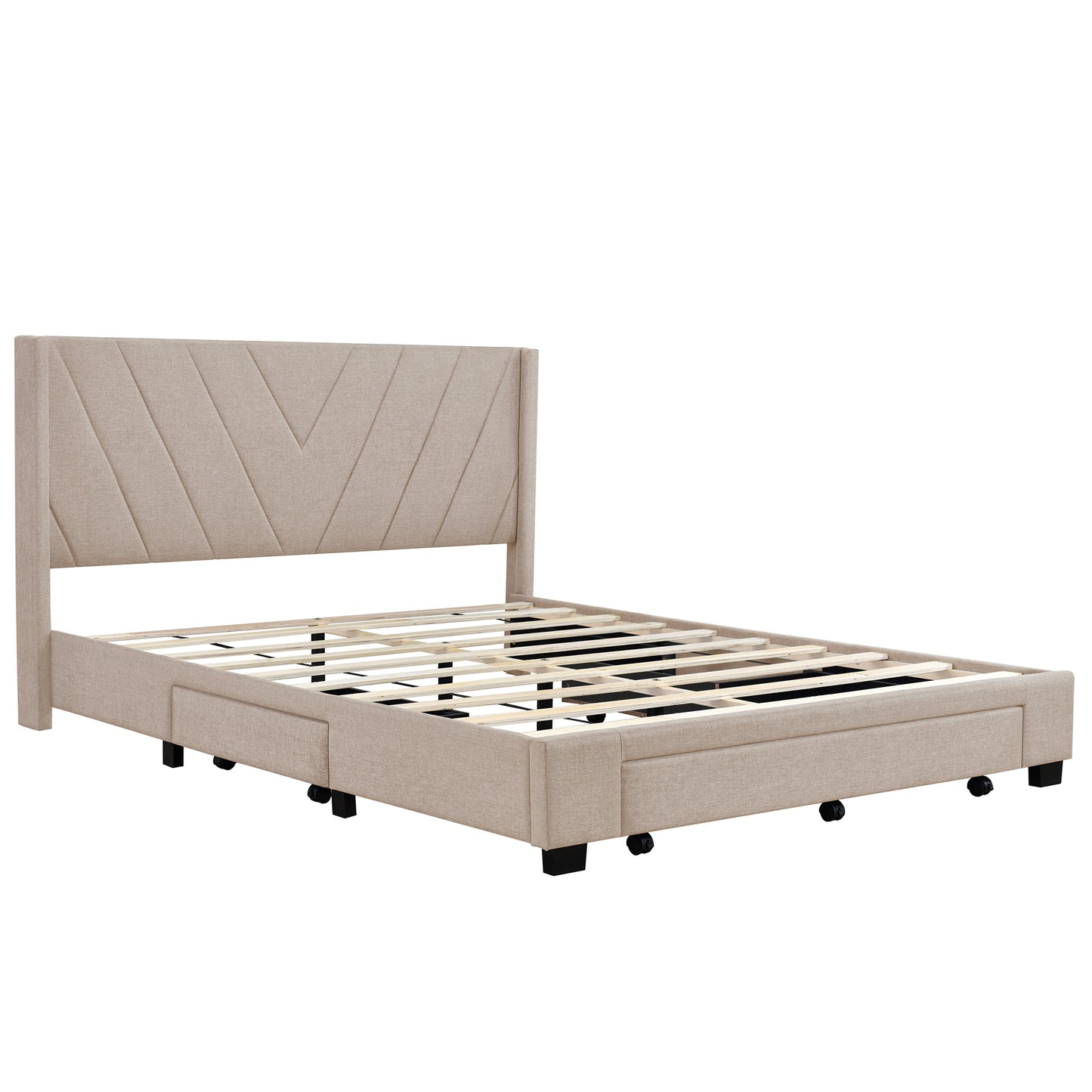 Queen Size Storage Bed Linen Upholstered Platform Bed with 3 Drawers (Beige)