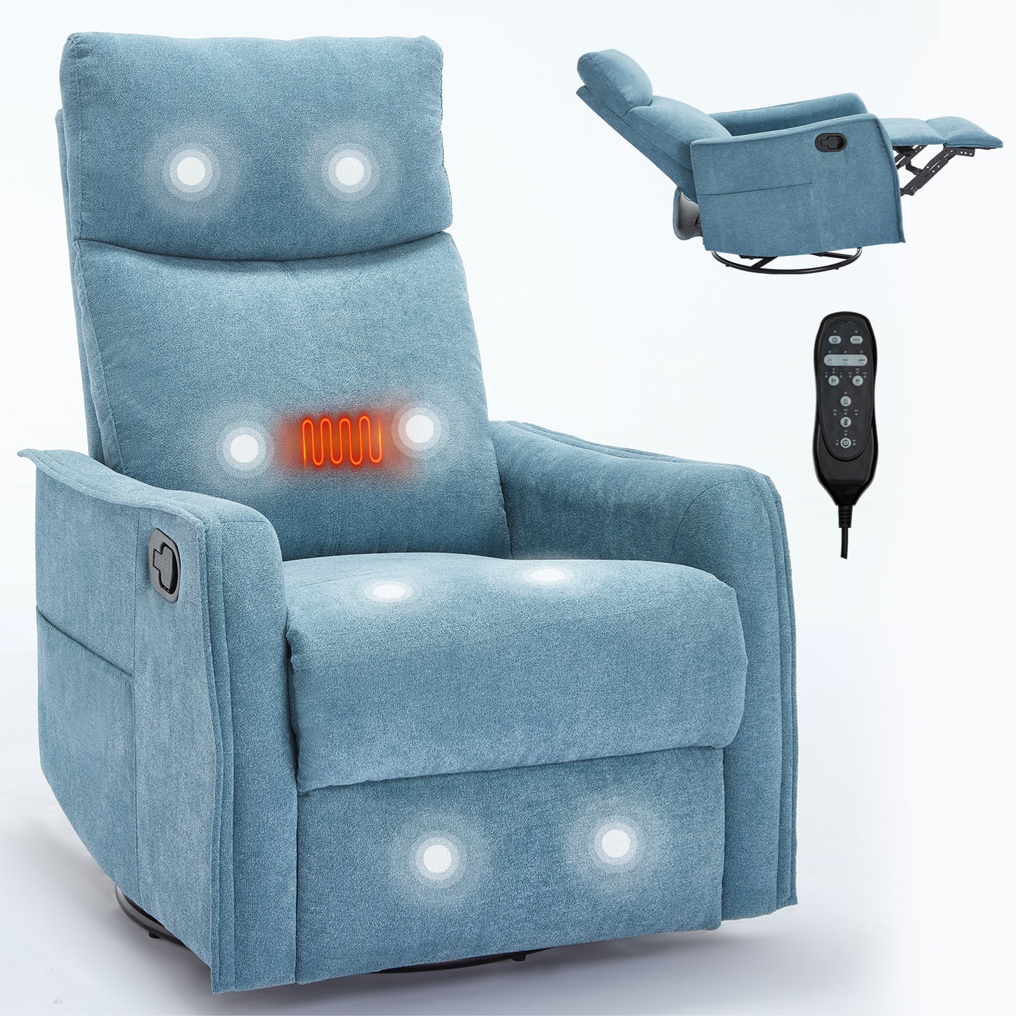 Heat Massage Manual Recliner Chair with Rocker and Swivel in Fabric for Living Room, Blue