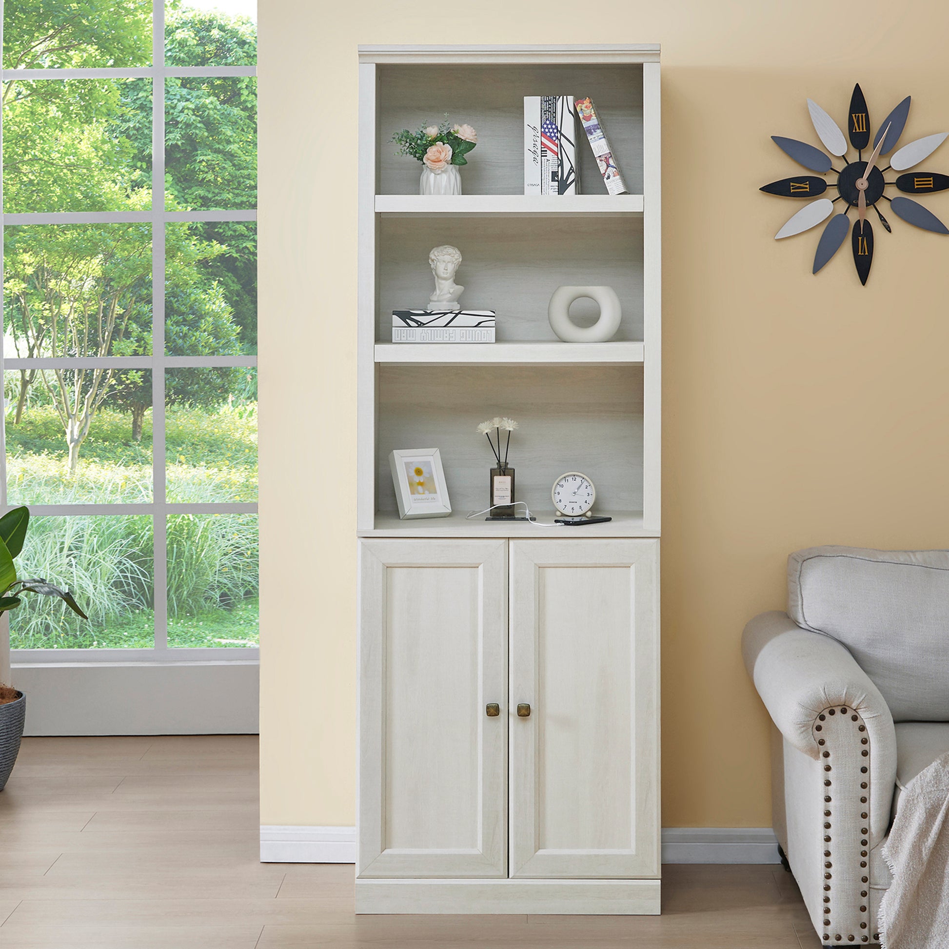 1 Doors Bookshelf with USB Port and 3 Open Shelves Bookcase Side Cabinet Storage Shelves, Rustic White SolidRoot Buy Furniture USA