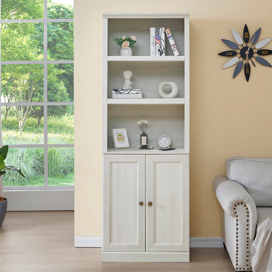 1 Doors Bookshelf with USB Port and 3 Open Shelves Bookcase Side Cabinet Storage Shelves, Rustic White SolidRoot Buy Furniture USA