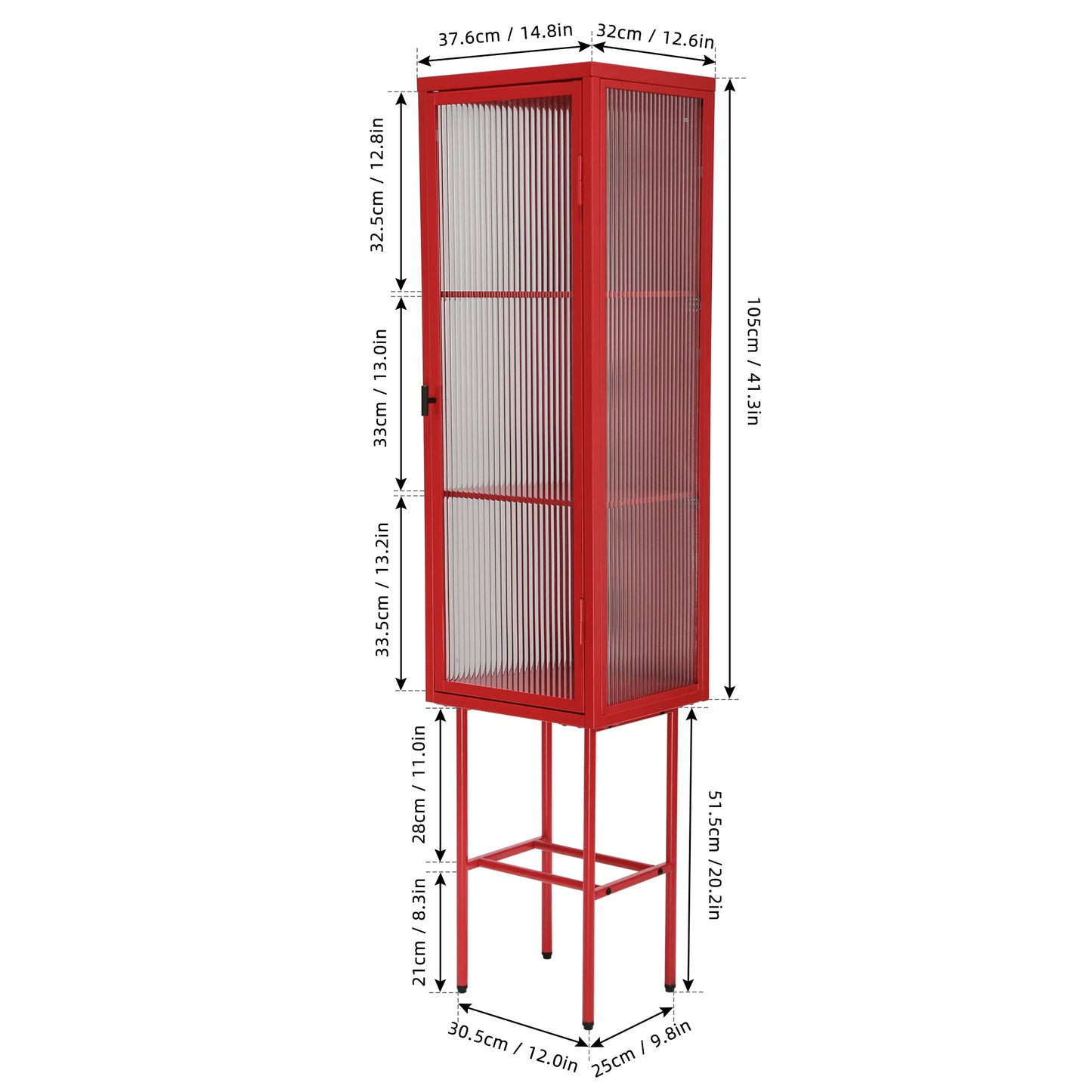 Retro Style Freestanding Metal Tall Display Cupboard with Glass Door and Three Detachable Shelves for Office, Living Room, Kitchen Console Sideboard,Bedside Entryway RED (OLD SKU:W68751719)