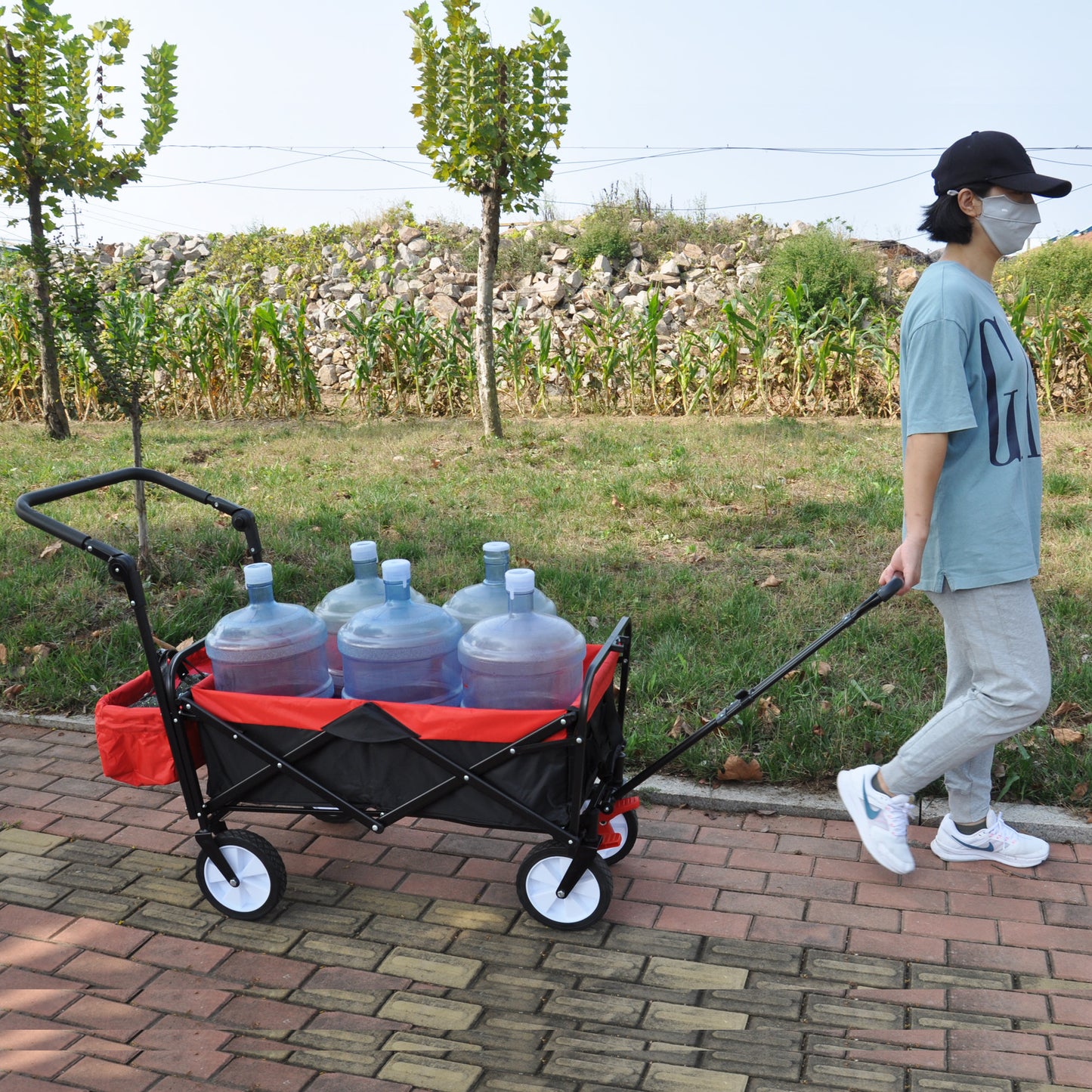 folding wagon Collapsible Outdoor Utility Wagon, Heavy Duty Folding Garden Portable Hand Cart, Drink Holder, Adjustable Handles(Black+Red colour)