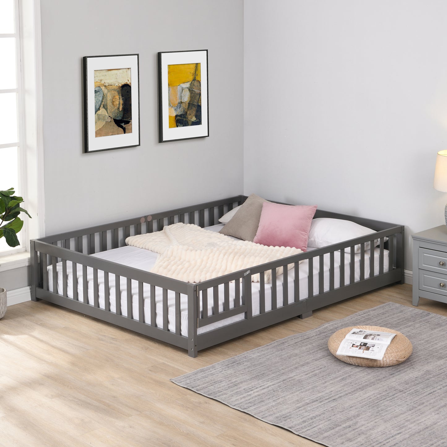 Twin Size Floor Bed with Door,Solid Wood Platform Bed Frame with Fence,Suitable for children,Pine Wood,Gray