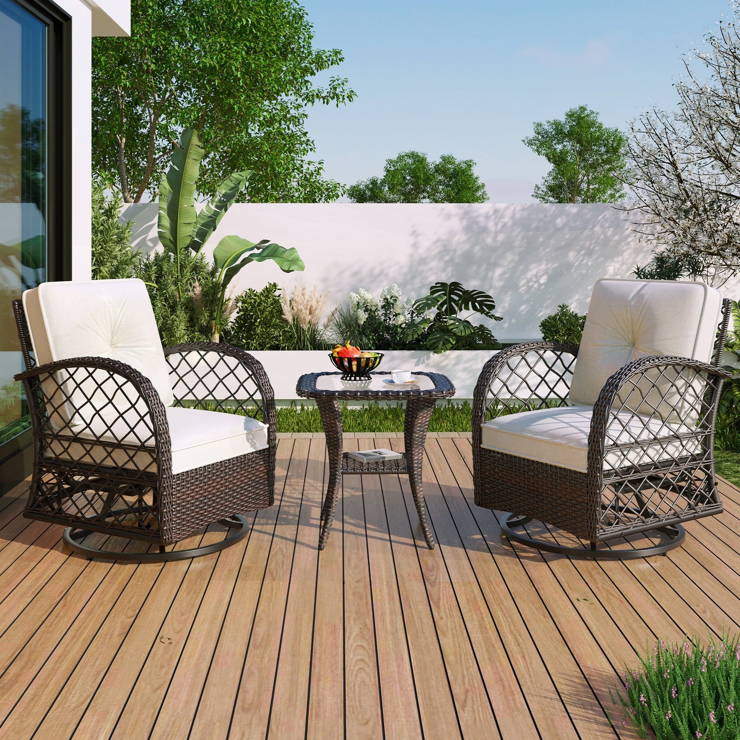 3-piece Outdoor Chair&Table Set Chat Set 2-person Rattan Seating Group with Two Swivel Chairs and a Square Table for Garden, Patio, or Balcony, Brown SolidRoot Buy Furniture USA