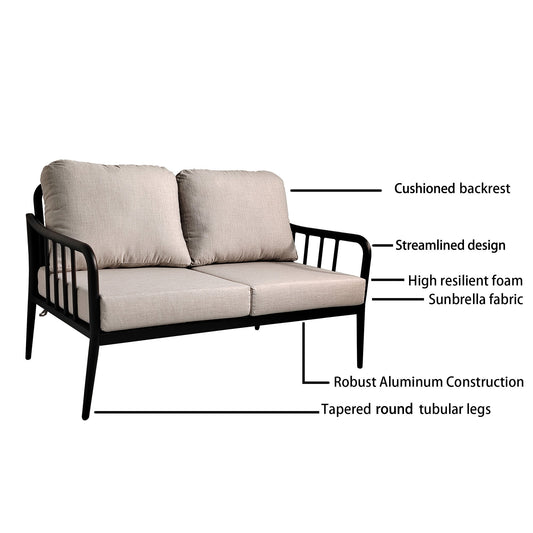 2PC Outdoor Aluminum Patio Furniture, Modern Loveseat Sofa Conversation/Chat Set, Sunbrella Cushions and Oval Coffee Table with White Carrara Marble-Look Sintered Stone Top, Ember Black Livingsource