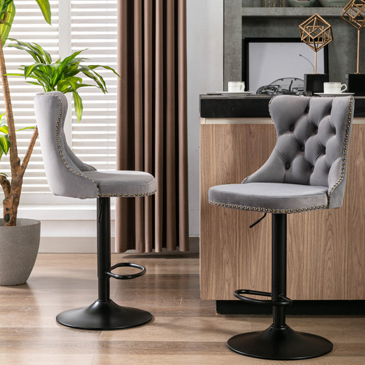 A&A Furniture,Swivel Velvet Barstools Adjusatble Seat Height from 25-33 Inch,17.7 inch base, Modern Upholstered Bar Stools with Backs Comfortable Tufted for Home Pub and Kitchen Island,Gray,Set of 2