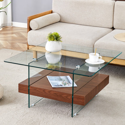 31.4 Inch Modern Two-Tier Square Coffee Table - An Elegant Combination of Clear Glass and Walnut Texture Sticker It can be used not only as a coffee table but also as a side table.W1151P232655 SolidRoot Buy Furniture USA