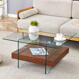 31.4 Inch Modern Two-Tier Square Coffee Table - An Elegant Combination of Clear Glass and Walnut Texture Sticker It can be used not only as a coffee table but also as a side table.W1151P232655 SolidRoot Buy Furniture USA