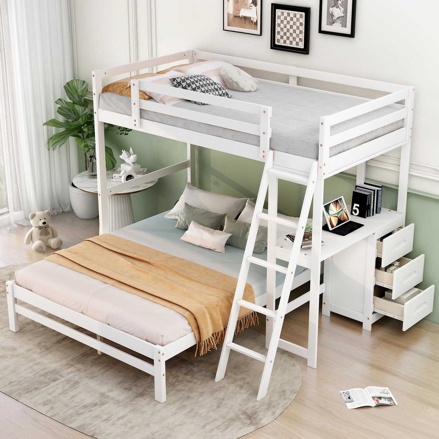 Twin over Full Bunk Bed with Built-in Desk and Three Drawers,White