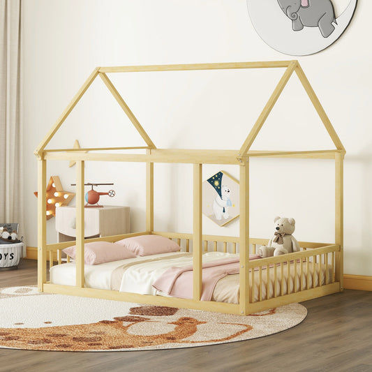 Full Size Floor Wooden Bed with House Roof Frame and Safety Guardrails ,Natural