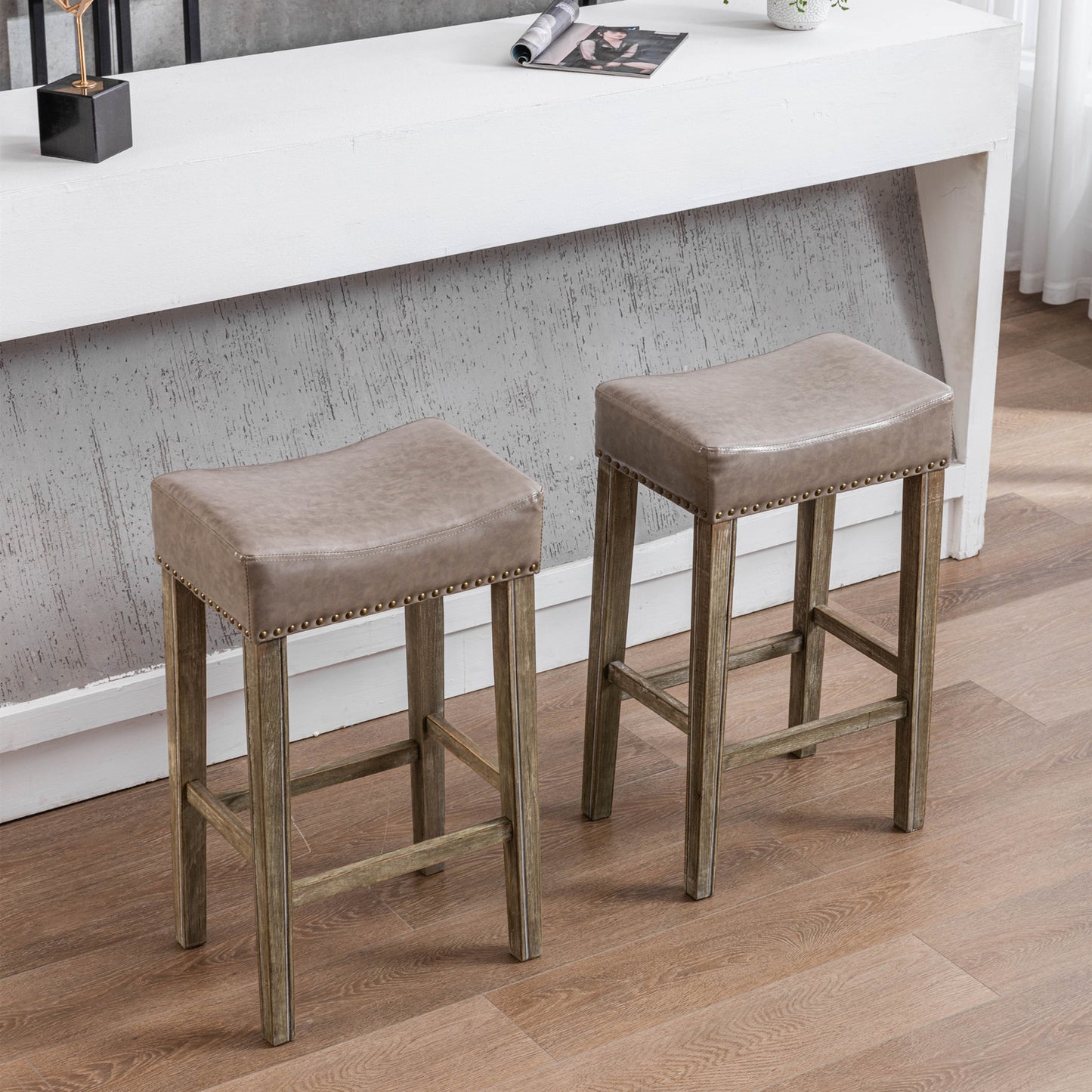 A&A Furniture,Counter Height 29" Bar Stools for Kitchen Counter Backless Faux Leather Stools Farmhouse Island Chairs (29 Inch, Gray, Set of 2)