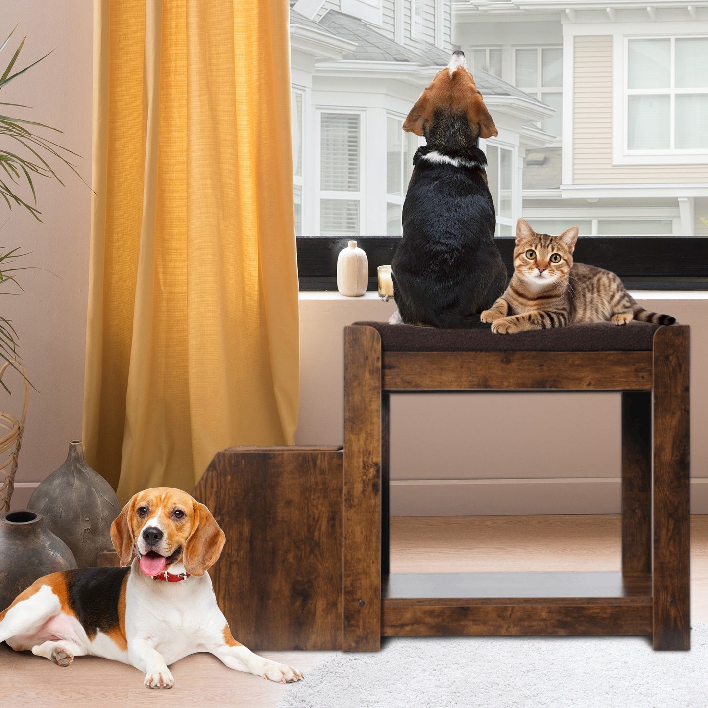 Pet Bunk Bed with Removable Step for Dogs and Cats, Multi-Level Bed Window Perch Seat Platform with Cushion and Cat Scratch Pad, Indoor Use SolidRoot Buy Furniture USA