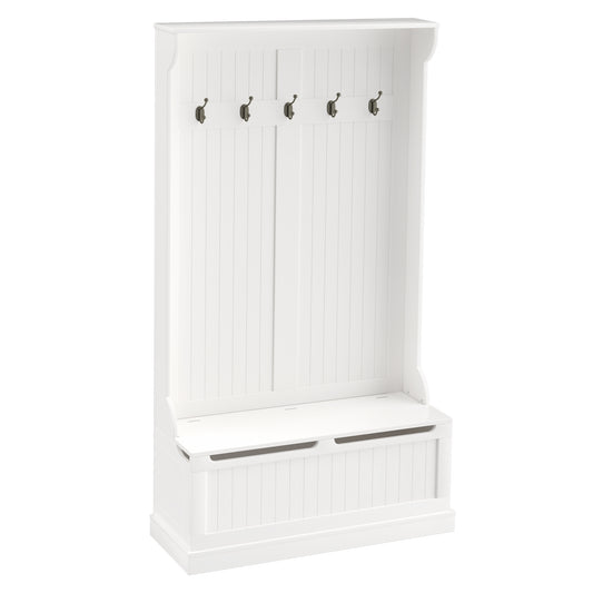 HOMCOM 38' 3-In-1 Entryway Hall Tree with Storage Bench, Coat Rack with Four Hooks and Shoe Storage, White