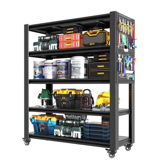 72'H 5 Tier Adjustable Shelving with Pegboard and Wheel, Heavy Duty Storage Shelves, Metal Shelving Unit Multipurpose Shelf  for Warehouses, Garages, Offices, Bedrooms, Kitchens, 23.6'D*47.2'W*72'H SolidRoot Buy Furniture USA