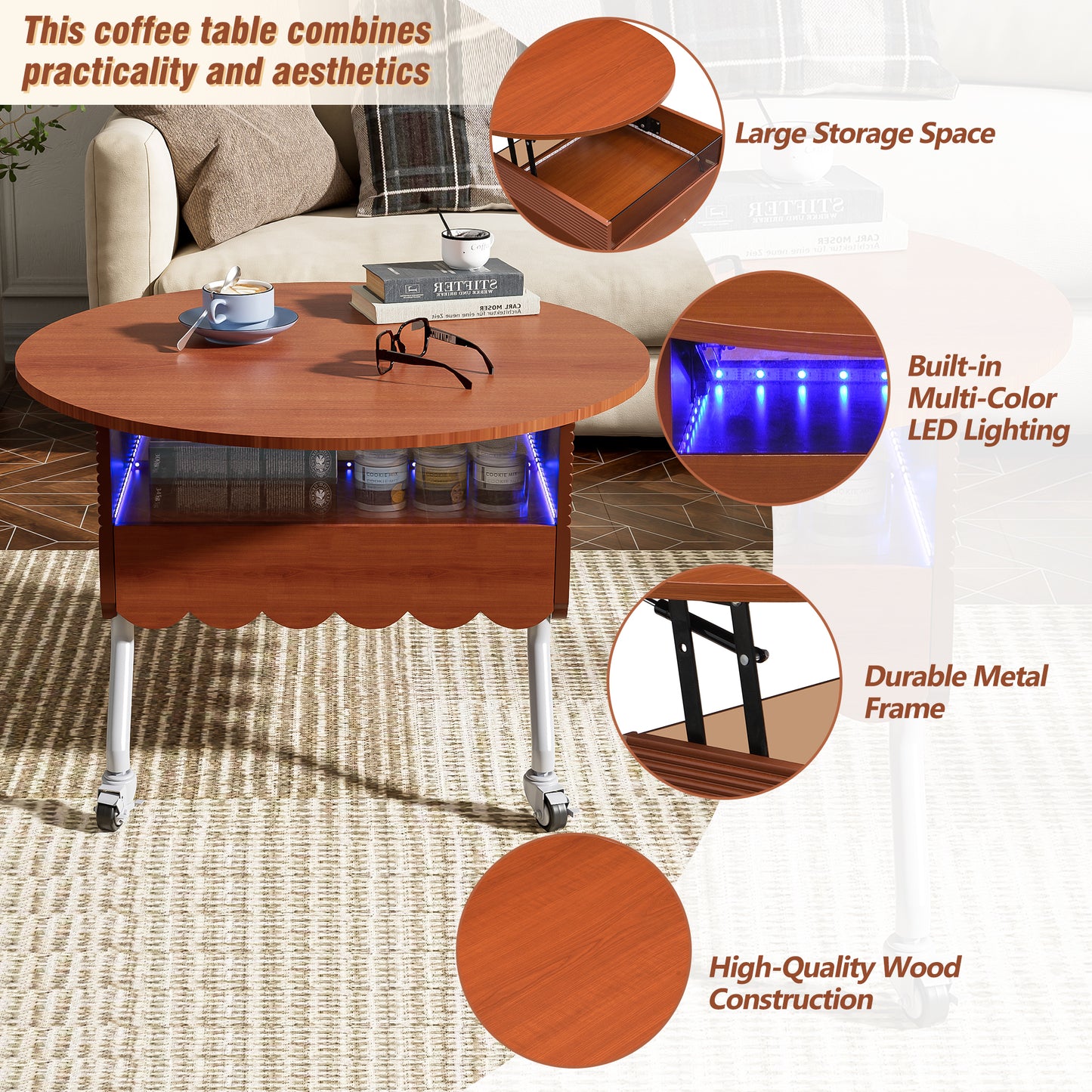 Round Lift-Top Coffee Table with Wheels, Metal Frame and Multi-Color Lighting in 27.6"