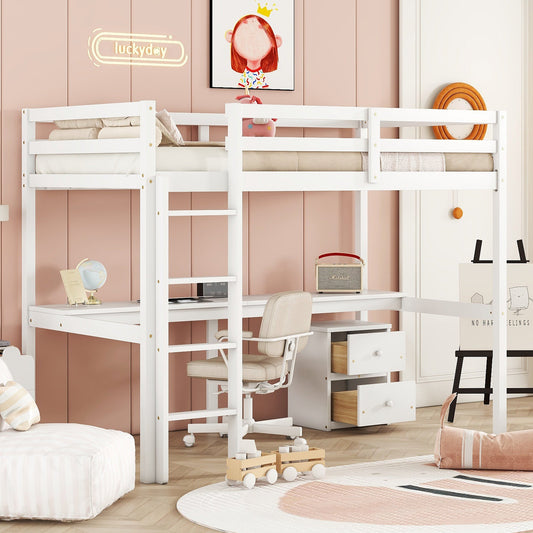 Twin Loft Wood Bed with Under-bed, Built-in Desk, a Storage Cabinet of 2 Drawers, Guardrails, Ladder,White SolidRoot Buy Furniture USA
