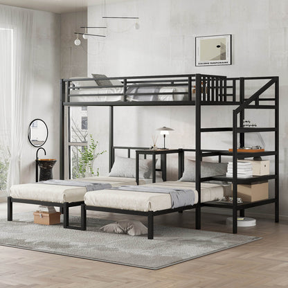 Twin over Twin & Twin Bunk Beds for 3, Twin XL over Twin & Twin Bunk Bed Metal Triple Bunk Bed with Desk & Shelves, Space Saving/Noise Reduction, Black SolidRoot Buy Furniture USA