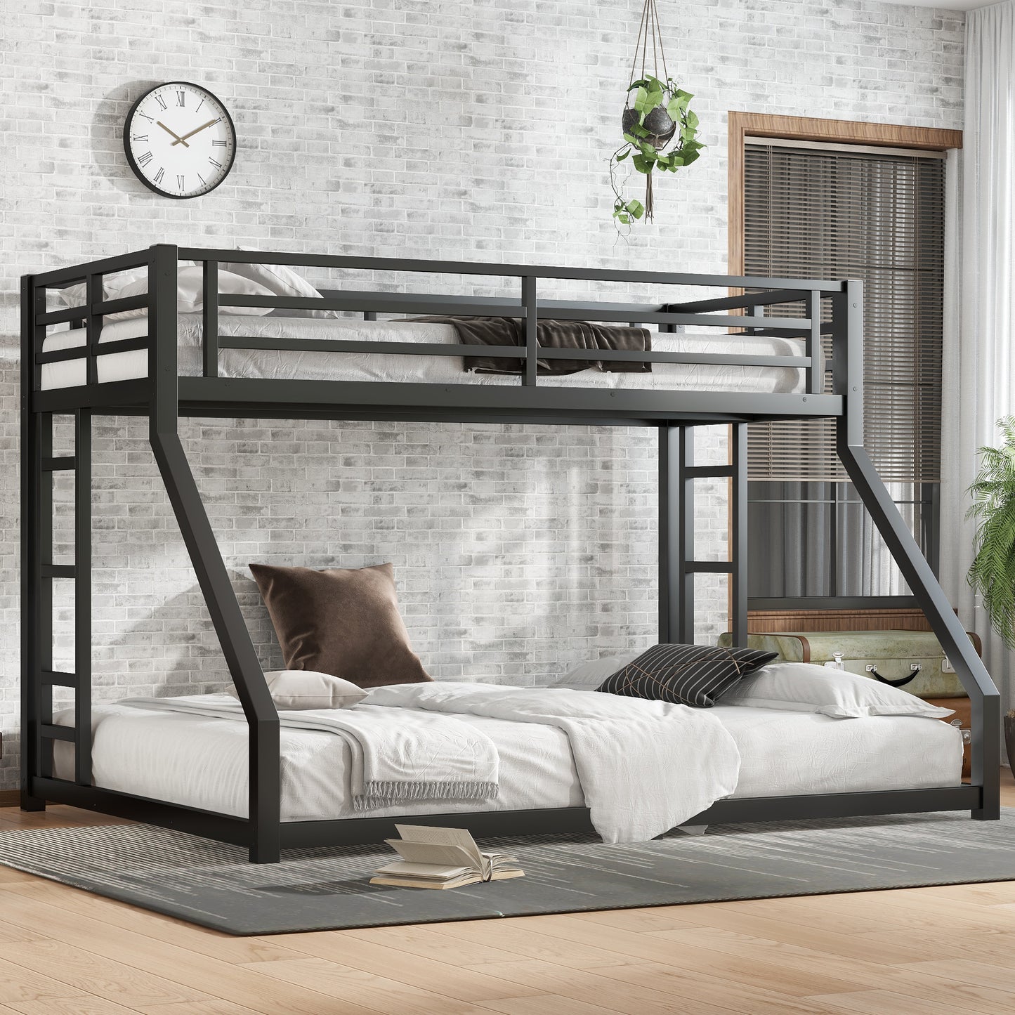 Metal Twin XL over Queen Bunk Bed for Teens and Adults,Noise Reduced/No Box Spring Needed, Black