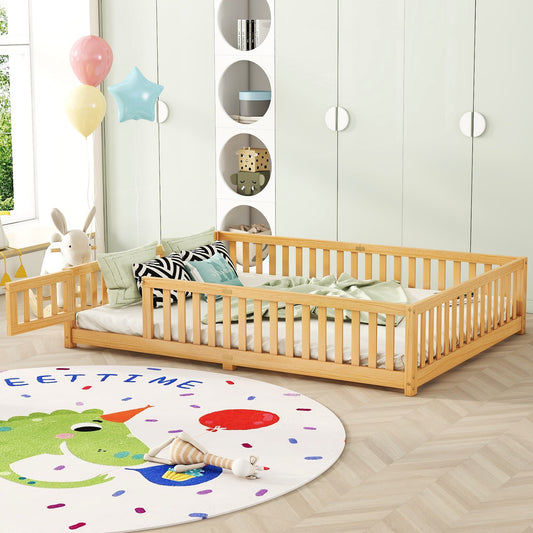 Queen Size Bed Floor Bed with Safety Guardrails and Door for Kids, Natural(Expect Arrival Date 2024.7.26), Old SKU W158090701