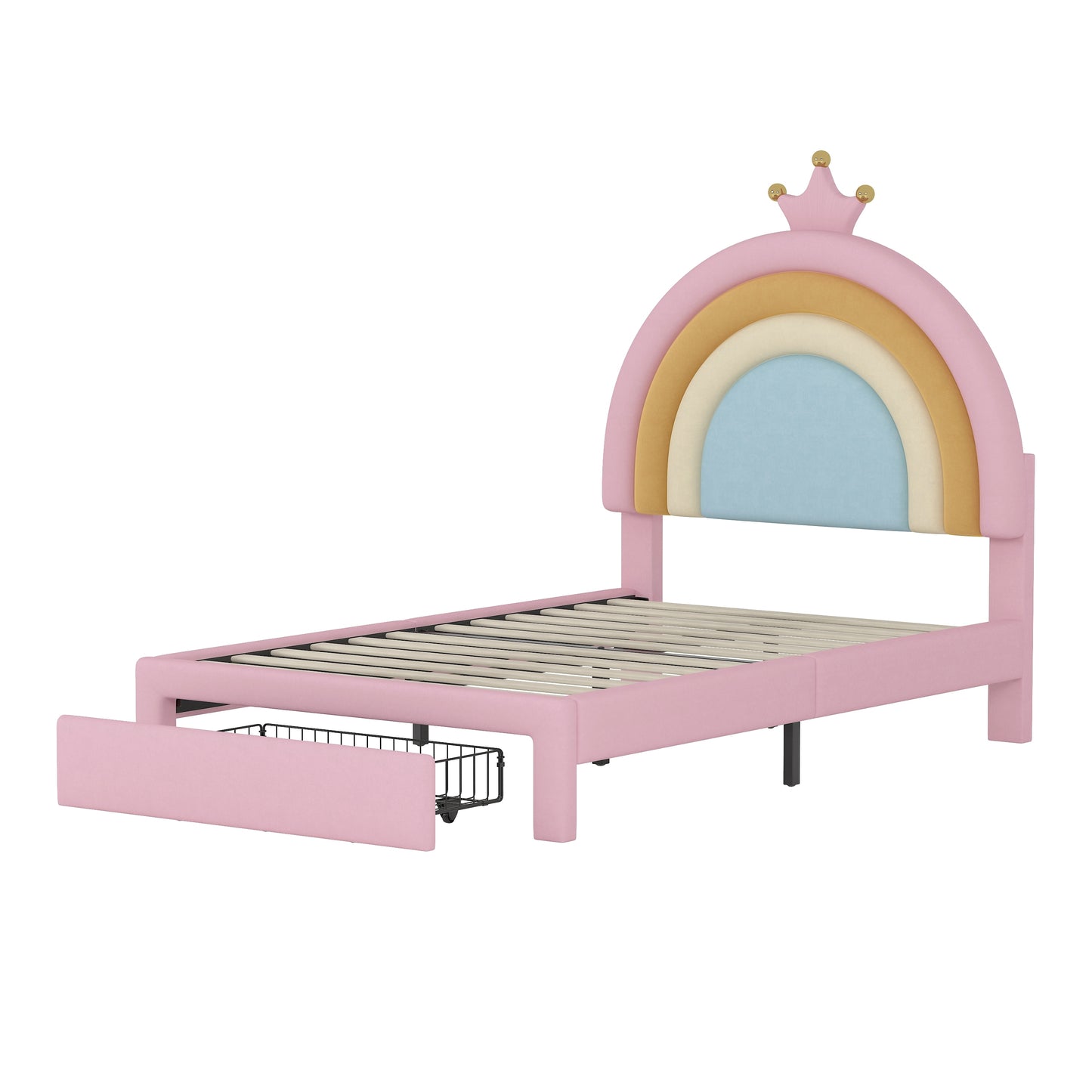 Twin Size Upholstered Rainbow Design Bed, Velvet Princess Platform Bed with Storage Drawer, No Box-spring Needed,Colorful&Pink