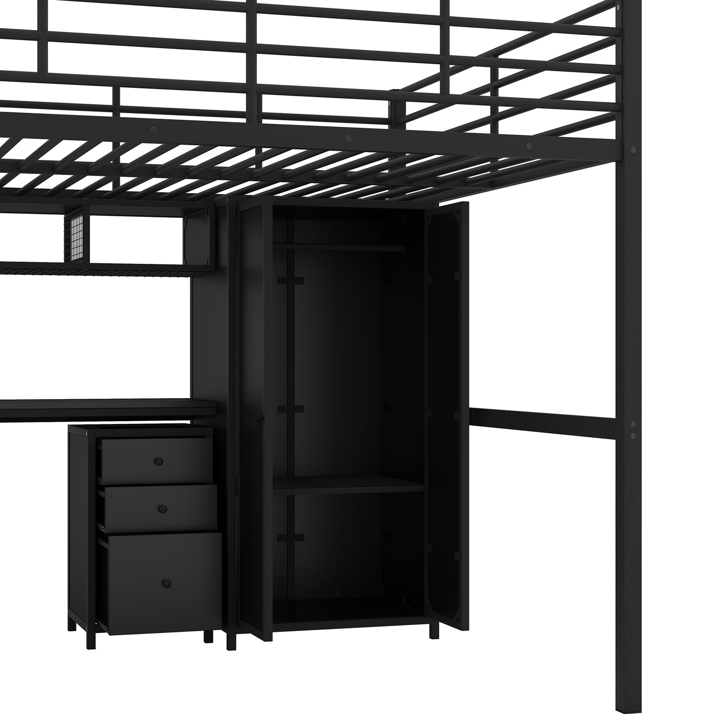 Metal Loft Bed With table set and wardrobe, Full, Black