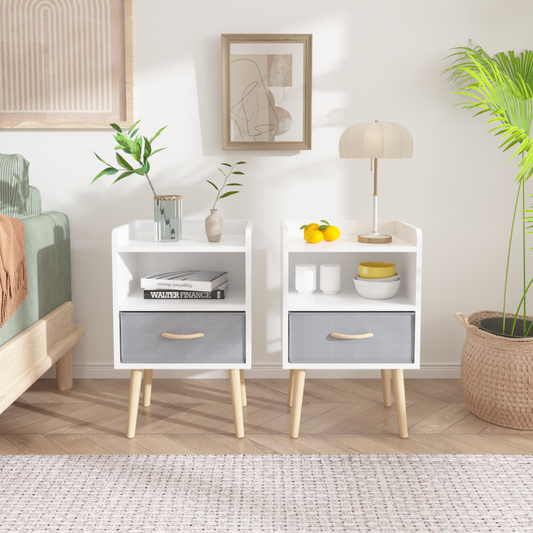 2PC Nightstand With Collapsible Fabric Drawer, 2-Tier Storage End Table, Wood Side Table with Storage Cabinet for Bedroom, Living Room - White SolidRoot Buy Furniture USA