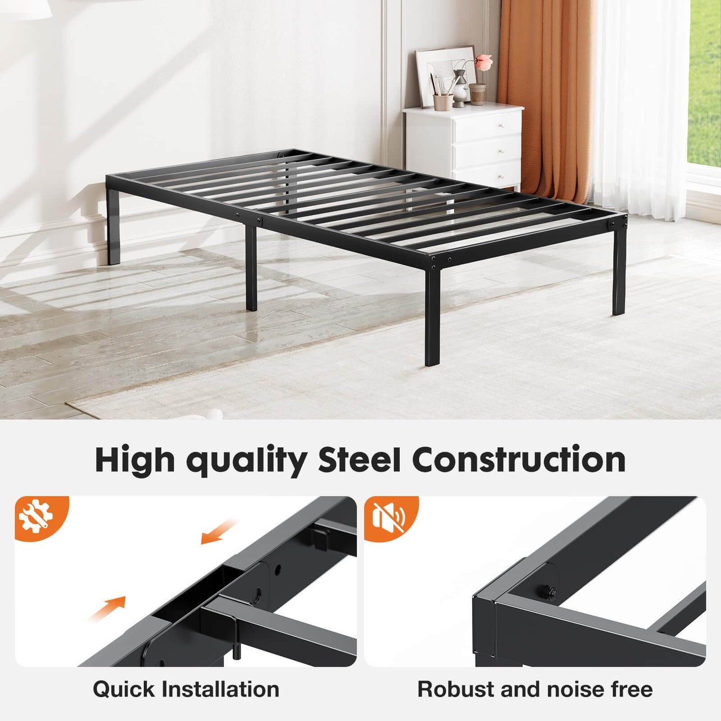 Heavy Duty Metal Bed Frame with Sturdy Steel Slat Support, TWIN