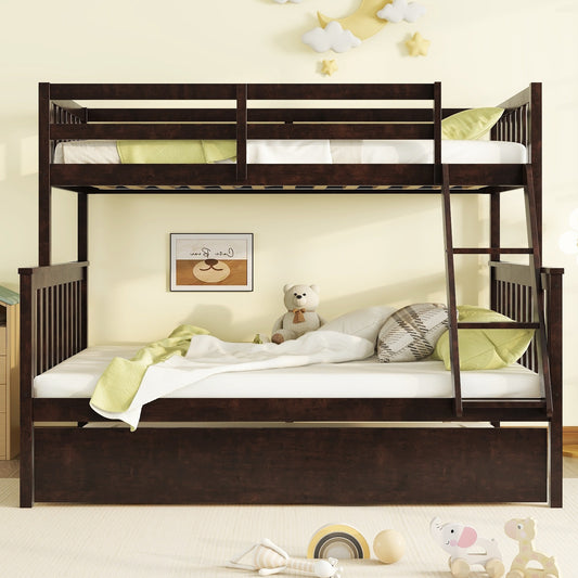 Twin Over Full Rubber Wood Bunk Bed with Trundle, Convertible Ladder and Guardrail, Detachable, Convertible Bed, with Twin Size Trundle ,Espresso SolidRoot Buy Furniture USA