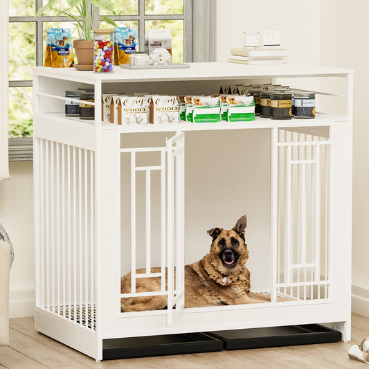 43.3 inch Dog Crate Furniture for Large Dogs,Wooden Dog Crate with Divider,Double Door Dog Kennel with Three Drawers Storages,Heavy Duty Dogs Decorative Pet House for Large Medium Dogs ,White - SolidRoot Buy Furniture USA
