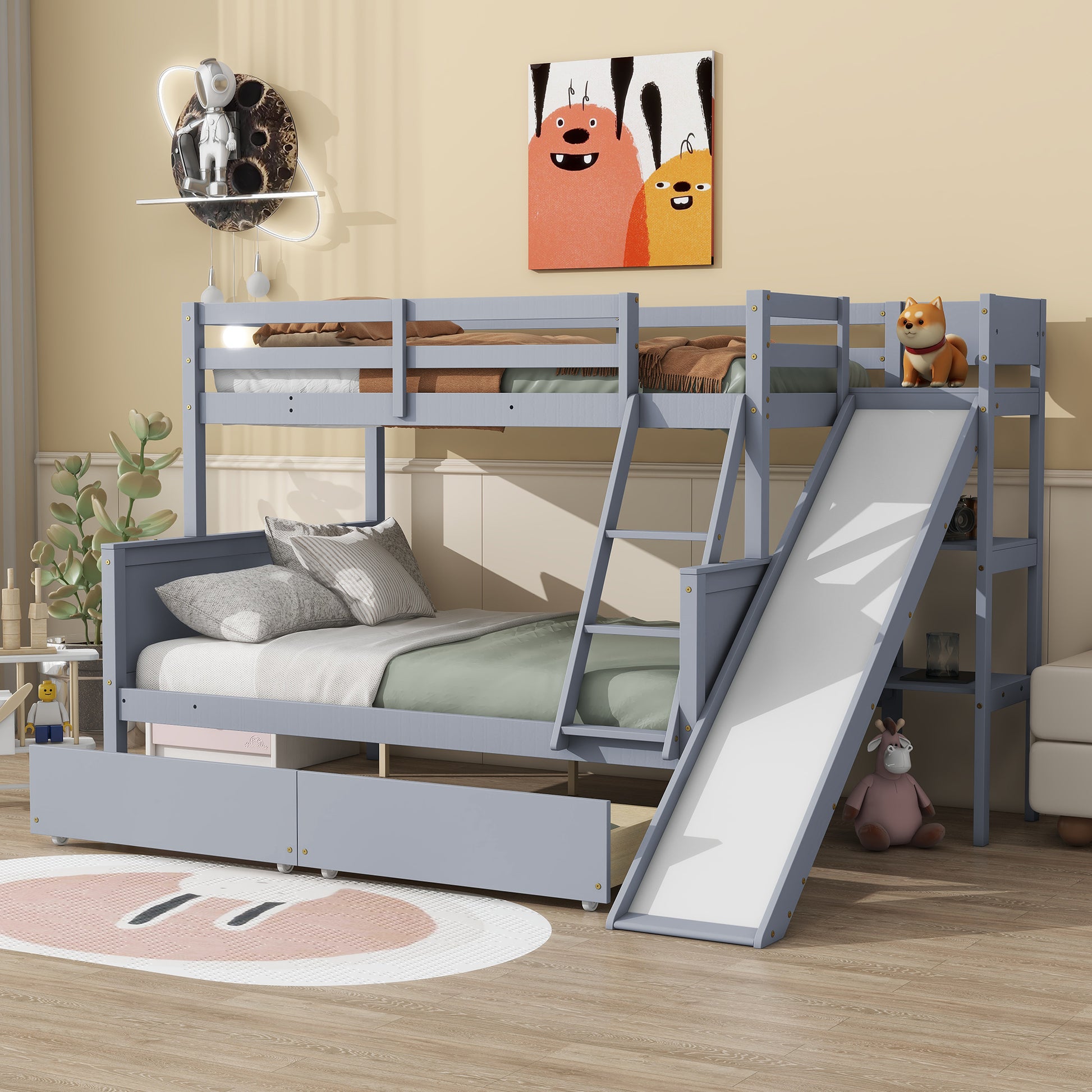 Twin over Full Bunk Bed with 2 Drawers, Slide, Shelves, Ladder, Rubber Wood Bunk Bed with Slide, Drawers,Grey(Old Sku:W504S00061) SolidRoot Buy Furniture USA