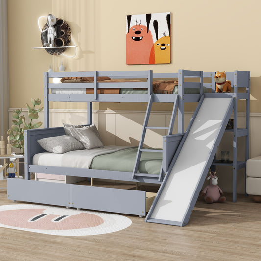 Twin over Full Bunk Bed with 2 Drawers, Slide, Shelves, Ladder, Rubber Wood Bunk Bed with Slide, Drawers,Grey(Old Sku:W504S00061) SolidRoot Buy Furniture USA