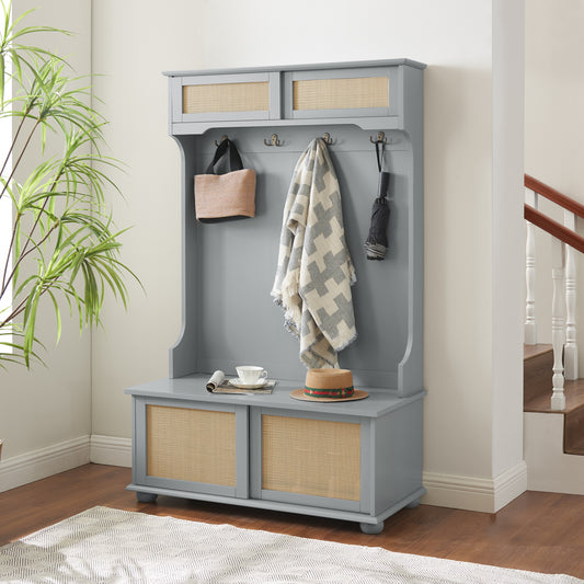 Clothes hanger Hall Tree Storage Bench Shoe Rack for Entryway, Hall Tree with Bench and Shoe Storage, Hall Tree Entryway Bench with Rattan Door Gray, 40.16'W*18.58'D*64.17'H